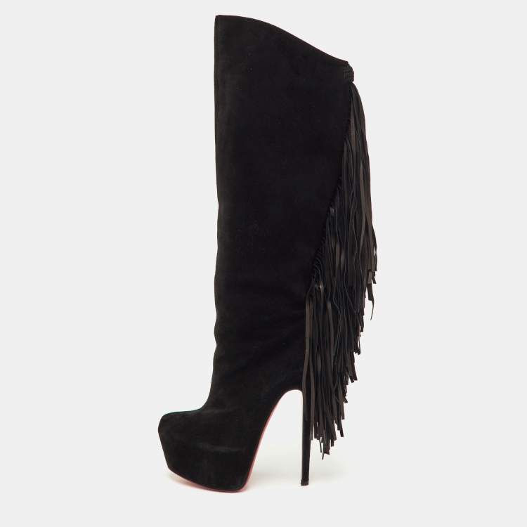 Pre Owned Christian Louboutin Interlopa Fringe Size 37 Black Suede Platform Knee Length Boots