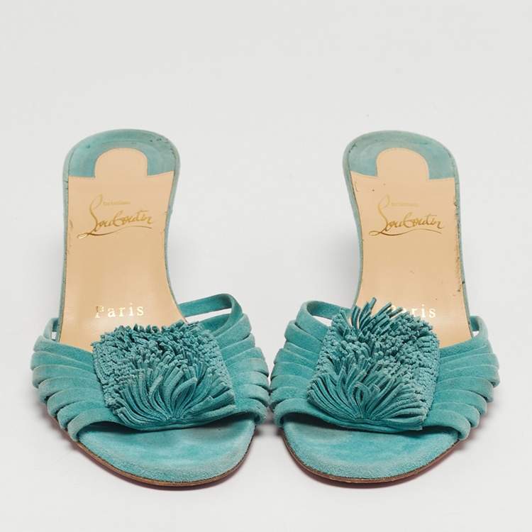 Pre Owned Christian Louboutin Belbrossa Size 36.5 Blue Suede Fringe Trim Slide Sandals