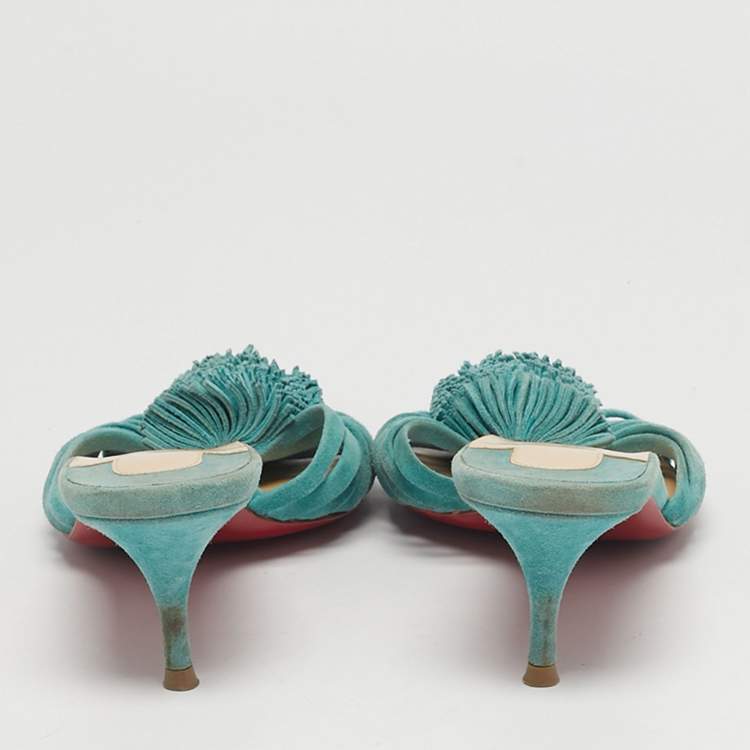 Pre Owned Christian Louboutin Belbrossa Size 36.5 Blue Suede Fringe Trim Slide Sandals