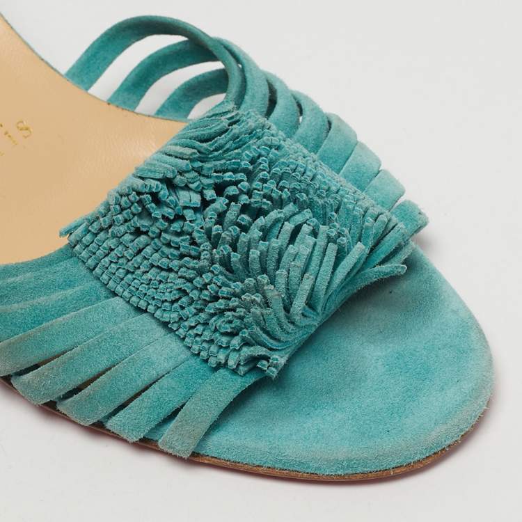 Pre Owned Christian Louboutin Belbrossa Size 36.5 Blue Suede Fringe Trim Slide Sandals