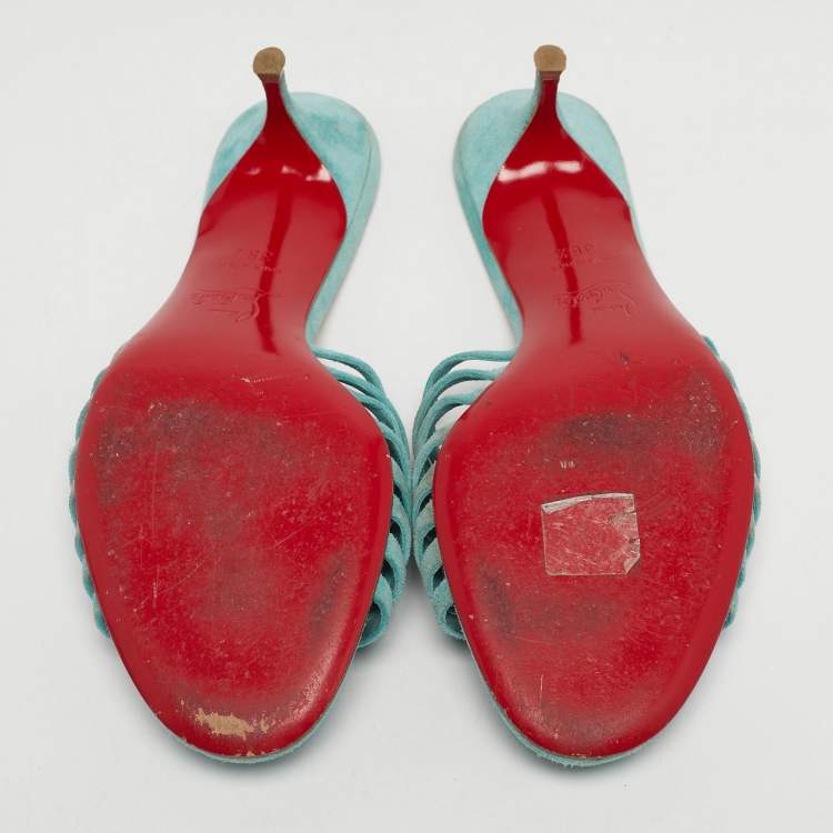 Pre Owned Christian Louboutin Belbrossa Size 36.5 Blue Suede Fringe Trim Slide Sandals