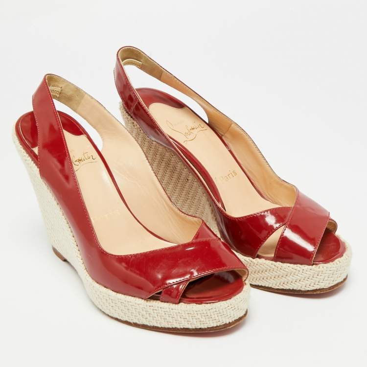Pre Owned Christian Louboutin Size 38 Red Patent Leather Platform Wedge Sandals