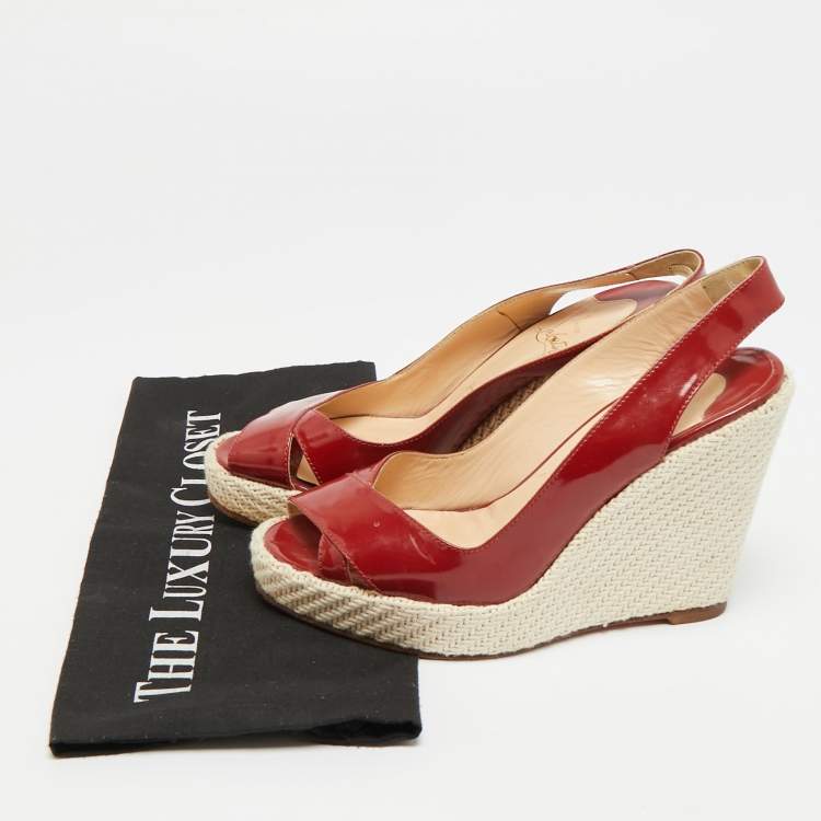 Pre Owned Christian Louboutin Size 38 Red Patent Leather Platform Wedge Sandals