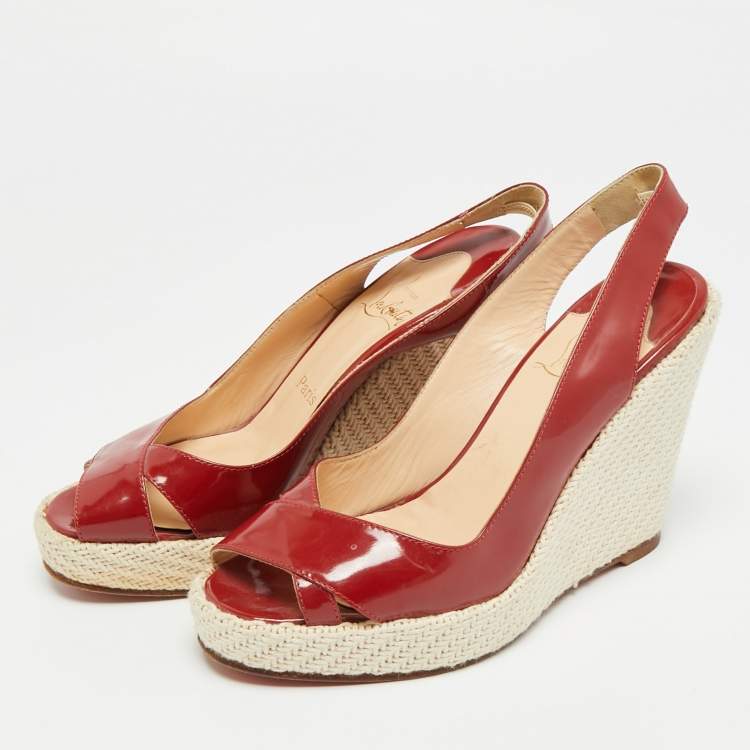 Pre Owned Christian Louboutin Size 38 Red Patent Leather Platform Wedge Sandals