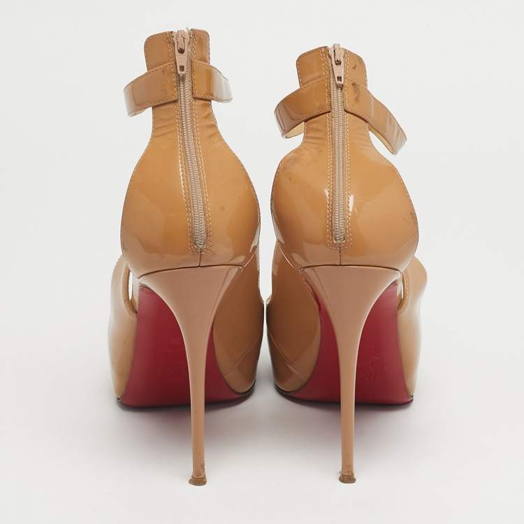 Pre Owned Christian Louboutin Rosie Size 39 Beige Patent Leather Peep Toe Platform Sandals