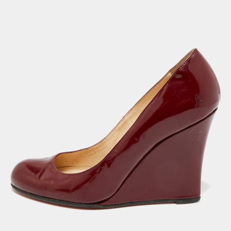 Pre Owned Christian Louboutin Ron Ron Zeppa Size 38 Burgundy Patent Leather Wedge Pumps