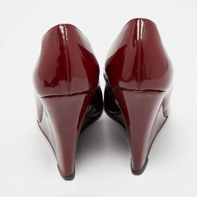Pre Owned Christian Louboutin Ron Ron Zeppa Size 38 Burgundy Patent Leather Wedge Pumps