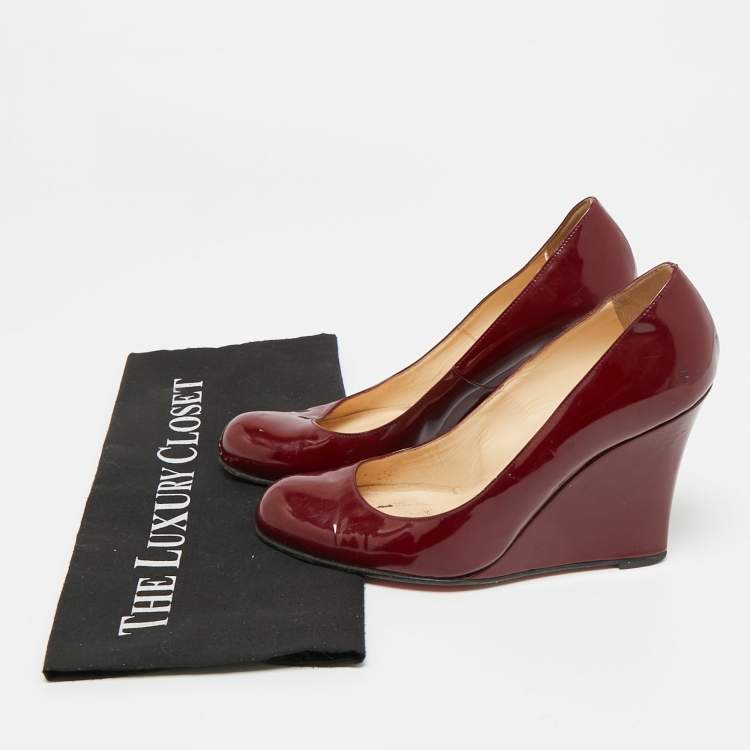 Pre Owned Christian Louboutin Ron Ron Zeppa Size 38 Burgundy Patent Leather Wedge Pumps