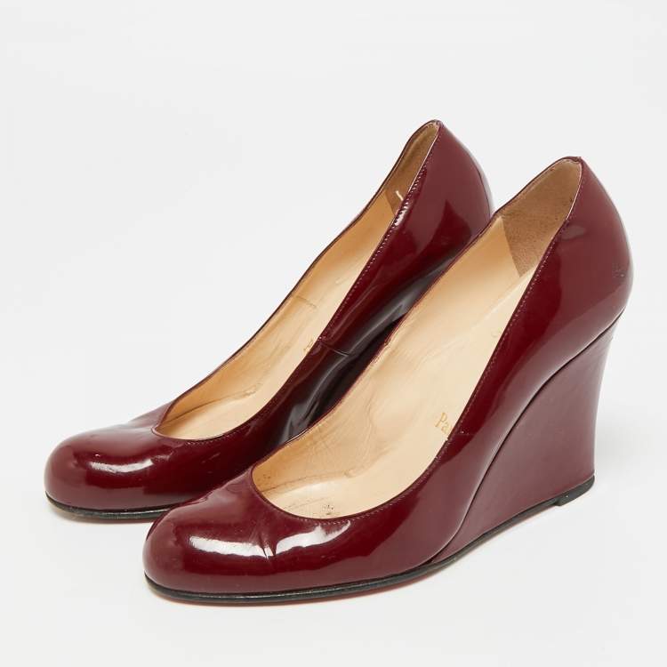 Pre Owned Christian Louboutin Ron Ron Zeppa Size 38 Burgundy Patent Leather Wedge Pumps