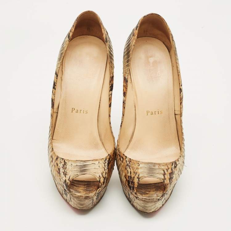 Pre Owned Christian Louboutin Lady Peep Size 37 Green Python Leather Platform Pumps