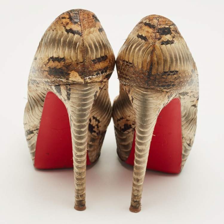 Pre Owned Christian Louboutin Lady Peep Size 37 Green Python Leather Platform Pumps