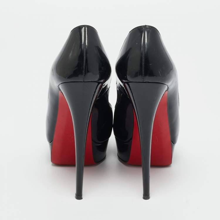 Pre Owned Christian Louboutin Black Patent Leather Lady Peep Toe Platform Pumps Size 38.5