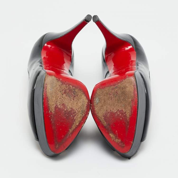 Pre Owned Christian Louboutin Black Patent Leather Lady Peep Toe Platform Pumps Size 38.5