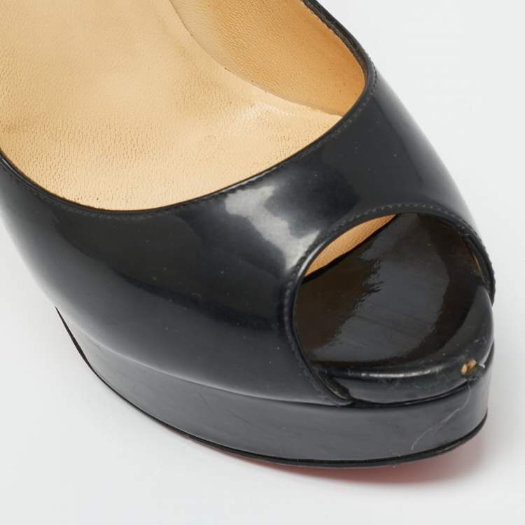 Pre Owned Christian Louboutin Black Patent Leather Lady Peep Toe Platform Pumps Size 38.5