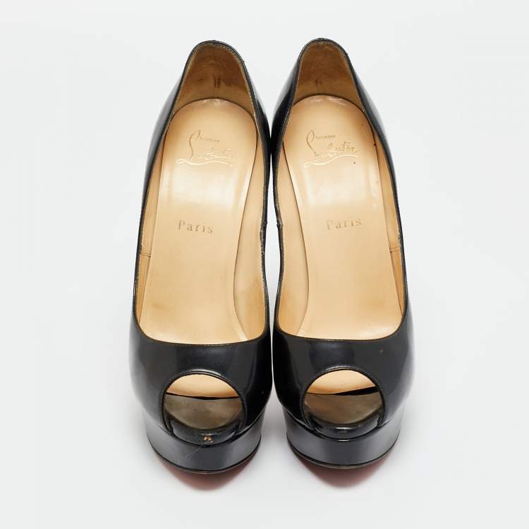 Pre Owned Christian Louboutin Black Patent Leather Lady Peep Toe Platform Pumps Size 38.5