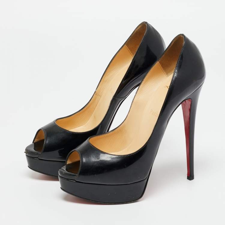 Pre Owned Christian Louboutin Black Patent Leather Lady Peep Toe Platform Pumps Size 38.5