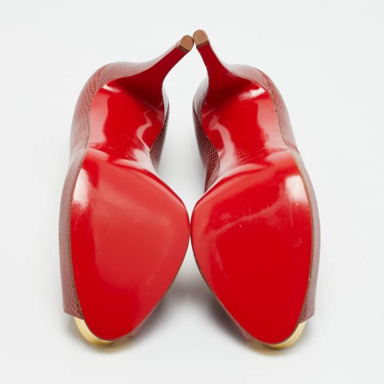 مملوكة مسبقًا Christian Louboutin Size 38.5 Red Karung Leather Platform Peep Toe Pumps