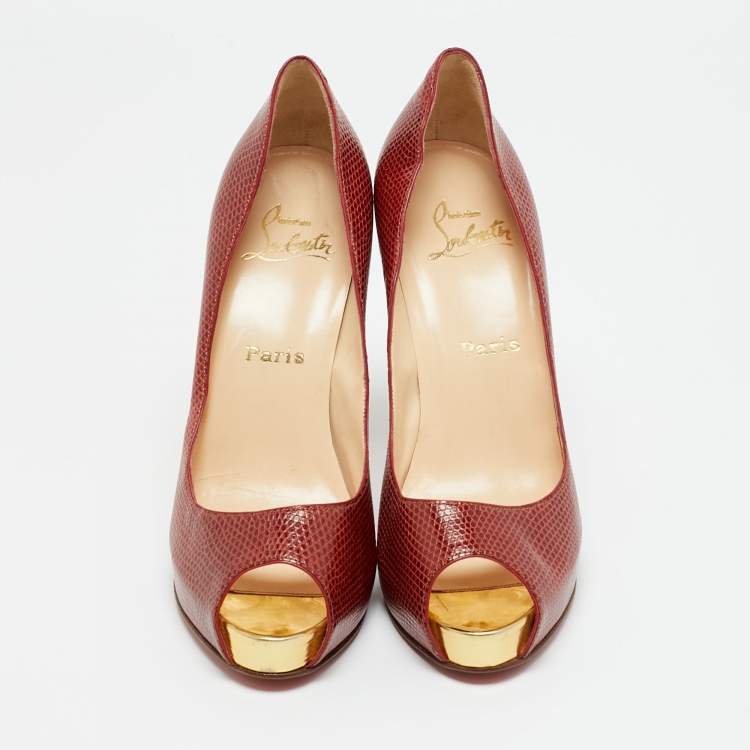 مملوكة مسبقًا Christian Louboutin Size 38.5 Red Karung Leather Platform Peep Toe Pumps