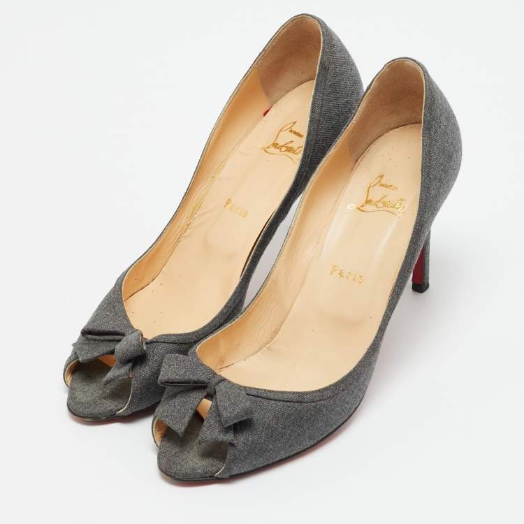 Pre Owned Christian Louboutin Milady Bow Size 41 Grey Denim Platform Pumps