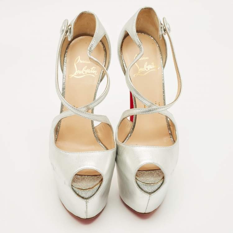 Pre Owned Christian Louboutin Cross Me Size 35 Silver Leather Ankle Strap Sandals