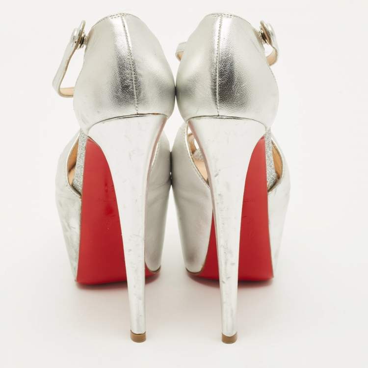 Pre Owned Christian Louboutin Cross Me Size 35 Silver Leather Ankle Strap Sandals