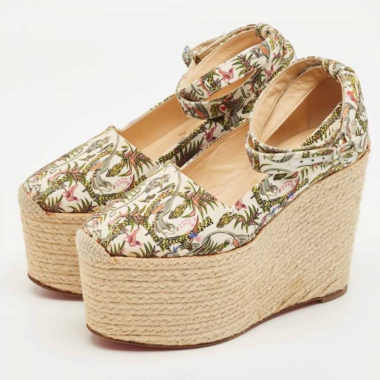 Pre Owned Christian Louboutin Dehia Size 35 Multicolor Canvas Wedge Pumps