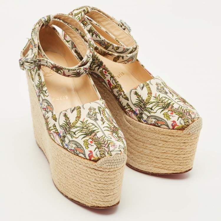 Pre Owned Christian Louboutin Dehia Size 35 Multicolor Canvas Wedge Pumps