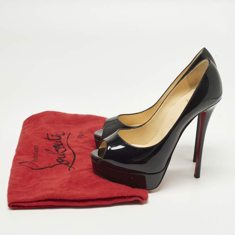 Pre Owned Christian Louboutin Lady Peep Size 38 Black Patent Leather Platform Pumps