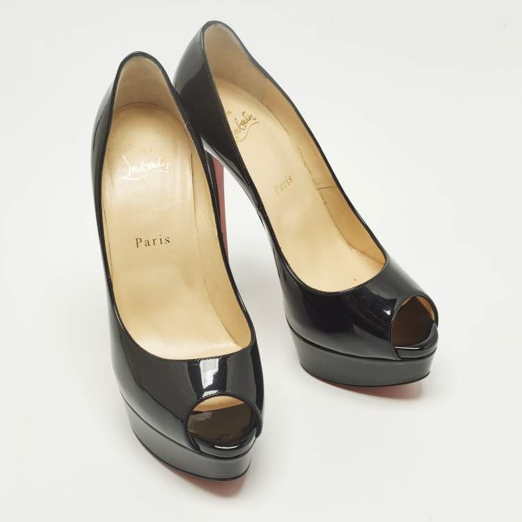 Pre Owned Christian Louboutin Lady Peep Size 38 Black Patent Leather Platform Pumps