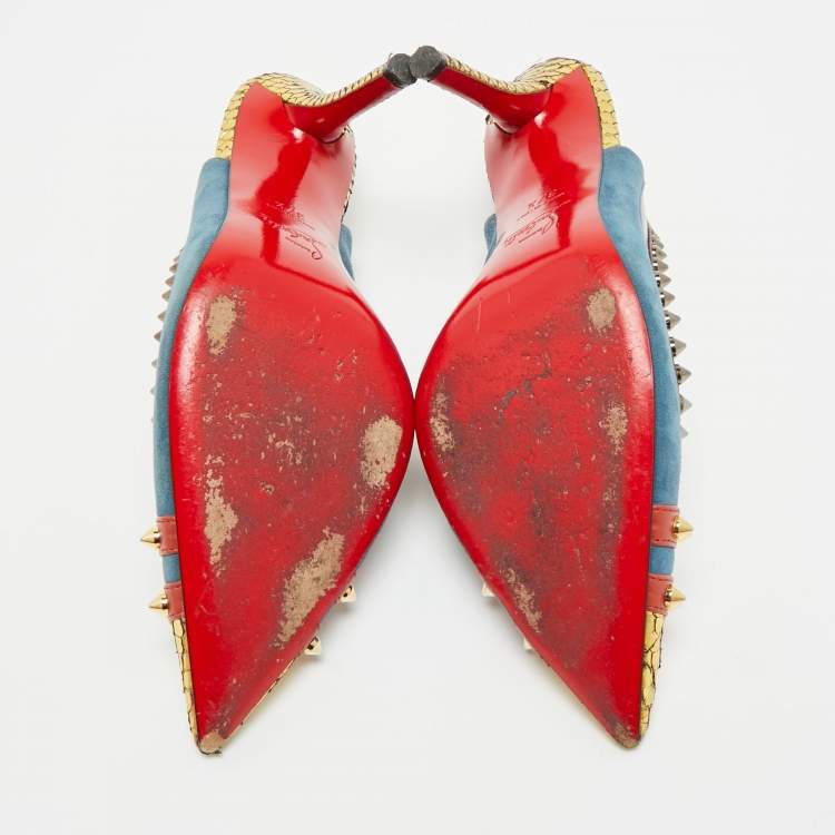 Pre Owned Christian Louboutin Studded Cloo Size 37.5 Multicolor PVC, Snakeskin, and Suede Slingback Pumps