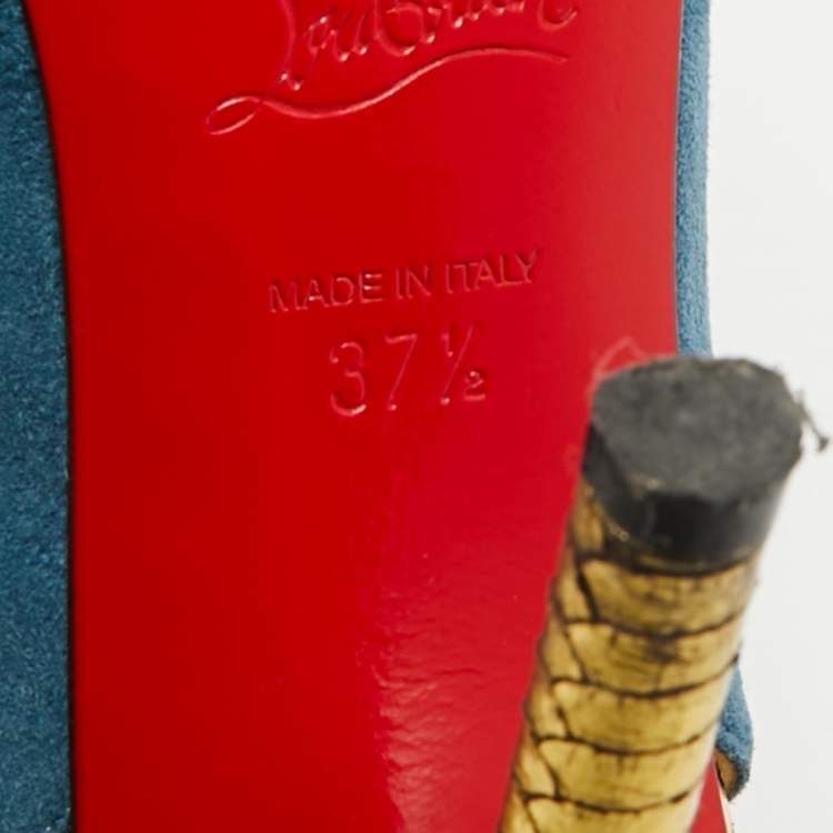 Pre Owned Christian Louboutin Studded Cloo Size 37.5 Multicolor PVC, Snakeskin, and Suede Slingback Pumps