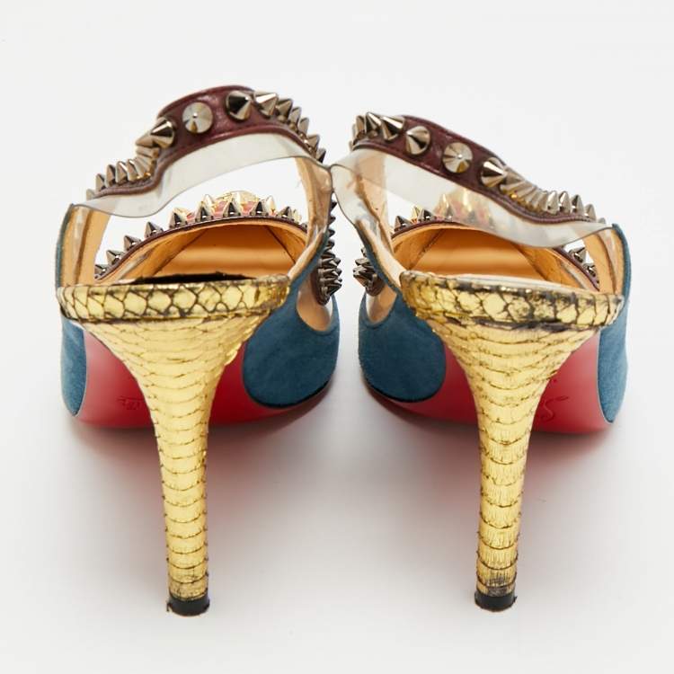 Pre Owned Christian Louboutin Studded Cloo Size 37.5 Multicolor PVC, Snakeskin, and Suede Slingback Pumps
