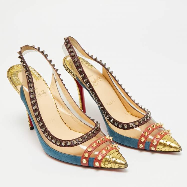 Pre Owned Christian Louboutin Studded Cloo Size 37.5 Multicolor PVC, Snakeskin, and Suede Slingback Pumps