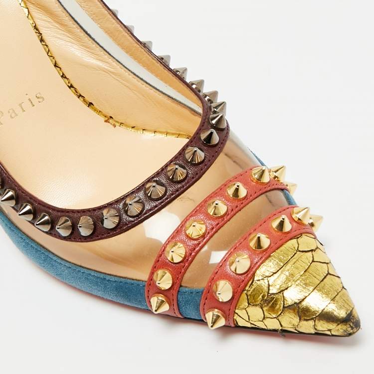 Pre Owned Christian Louboutin Studded Cloo Size 37.5 Multicolor PVC, Snakeskin, and Suede Slingback Pumps