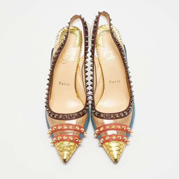 Pre Owned Christian Louboutin Studded Cloo Size 37.5 Multicolor PVC, Snakeskin, and Suede Slingback Pumps