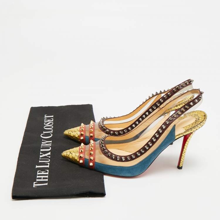 Pre Owned Christian Louboutin Studded Cloo Size 37.5 Multicolor PVC, Snakeskin, and Suede Slingback Pumps