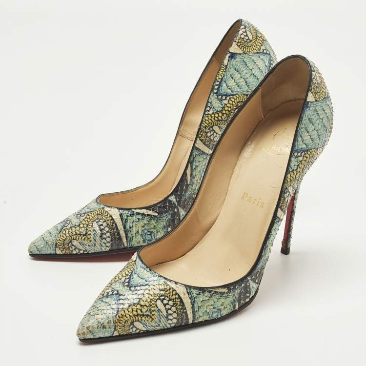 Pre Owned Christian Louboutin Inferno So Kate Size 38.5 Green/Yellow Snakeskin Pumps