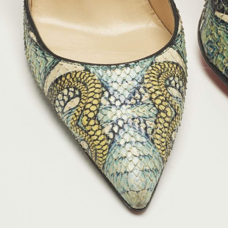 Pre Owned Christian Louboutin Inferno So Kate Size 38.5 Green/Yellow Snakeskin Pumps