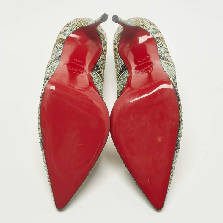 Pre Owned Christian Louboutin Inferno So Kate Size 38.5 Green/Yellow Snakeskin Pumps