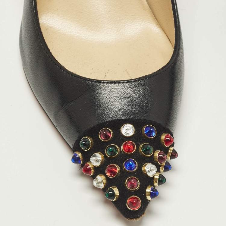 Pre Owned Christian Louboutin Studded Cabo Size 38 Black Leather and Suede Pumps