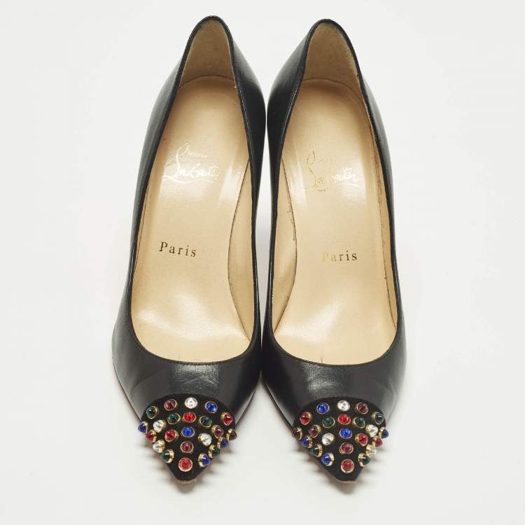 Pre Owned Christian Louboutin Studded Cabo Size 38 Black Leather and Suede Pumps