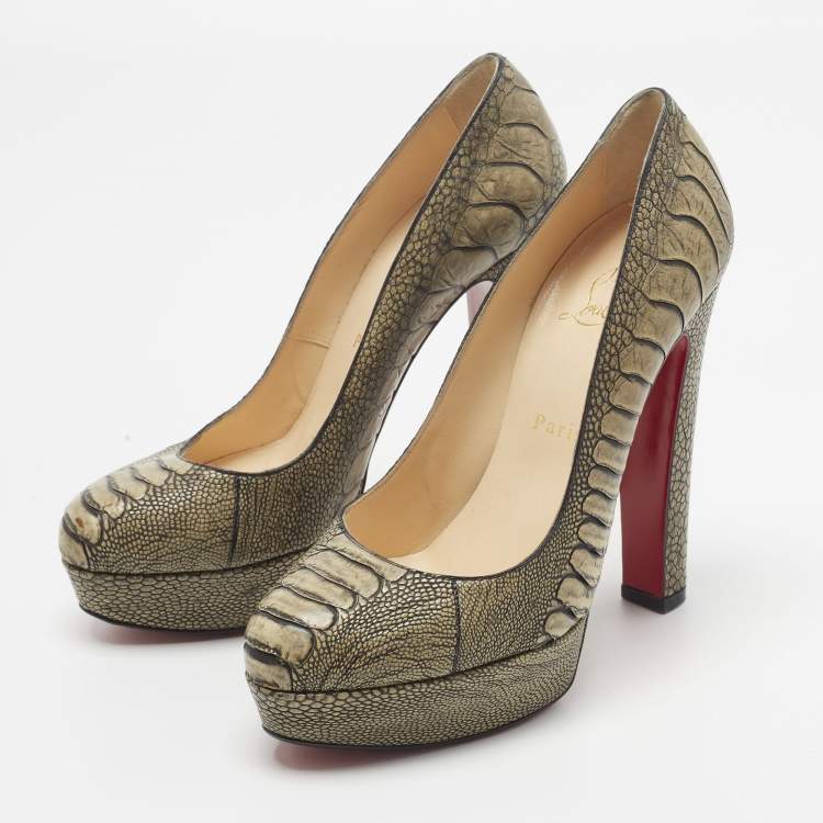 Pre Owned Christian Louboutin Bibi Size 38.5 Olive Green Ostrich Leg Leather Platform Pumps