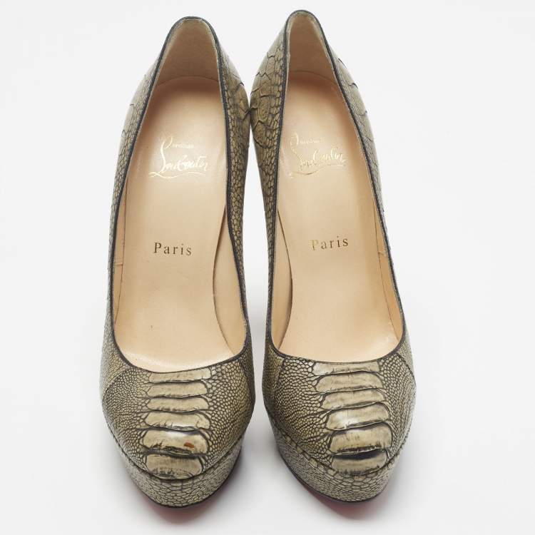Pre Owned Christian Louboutin Bibi Size 38.5 Olive Green Ostrich Leg Leather Platform Pumps
