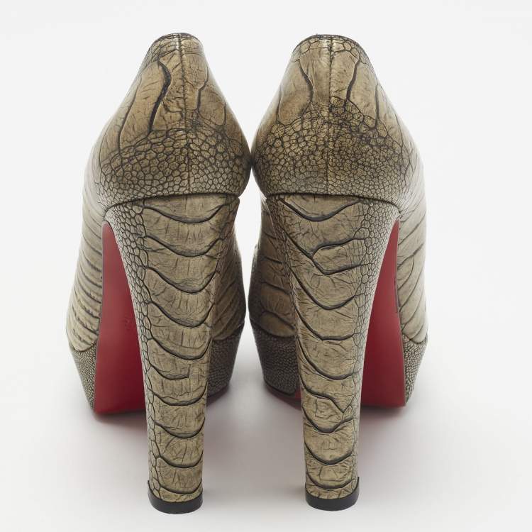 Pre Owned Christian Louboutin Bibi Size 38.5 Olive Green Ostrich Leg Leather Platform Pumps
