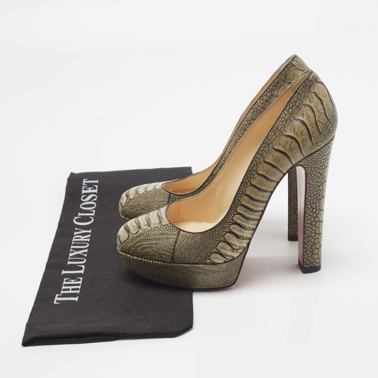 Pre Owned Christian Louboutin Bibi Size 38.5 Olive Green Ostrich Leg Leather Platform Pumps