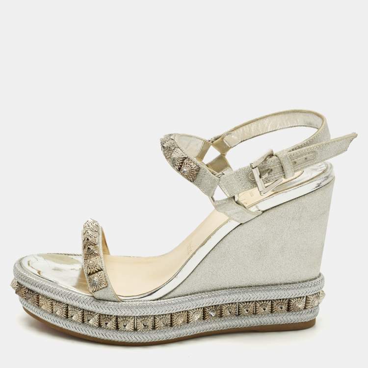 Pre Owned Christian Louboutin Pyraclou Size 38 Silver Glitter and Leather Wedge Sandals
