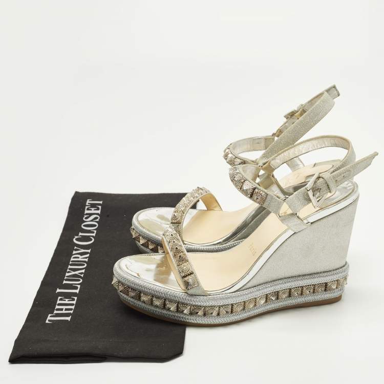 Pre Owned Christian Louboutin Pyraclou Size 38 Silver Glitter and Leather Wedge Sandals
