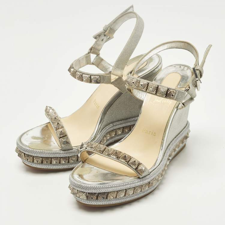 Pre Owned Christian Louboutin Pyraclou Size 38 Silver Glitter and Leather Wedge Sandals
