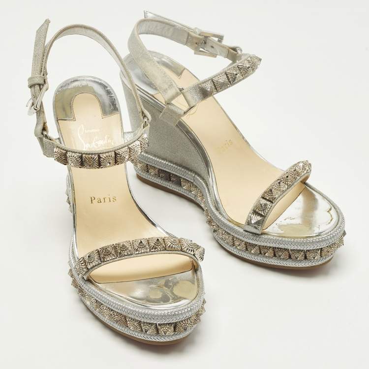 Pre Owned Christian Louboutin Pyraclou Size 38 Silver Glitter and Leather Wedge Sandals