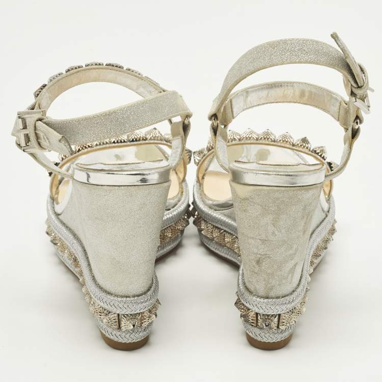 Pre Owned Christian Louboutin Pyraclou Size 38 Silver Glitter and Leather Wedge Sandals